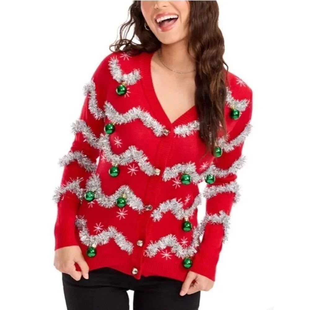 Tipsy Elves XL Red Christmas Balls Bells Tinsel Garland Ugly Sweater Cardigan